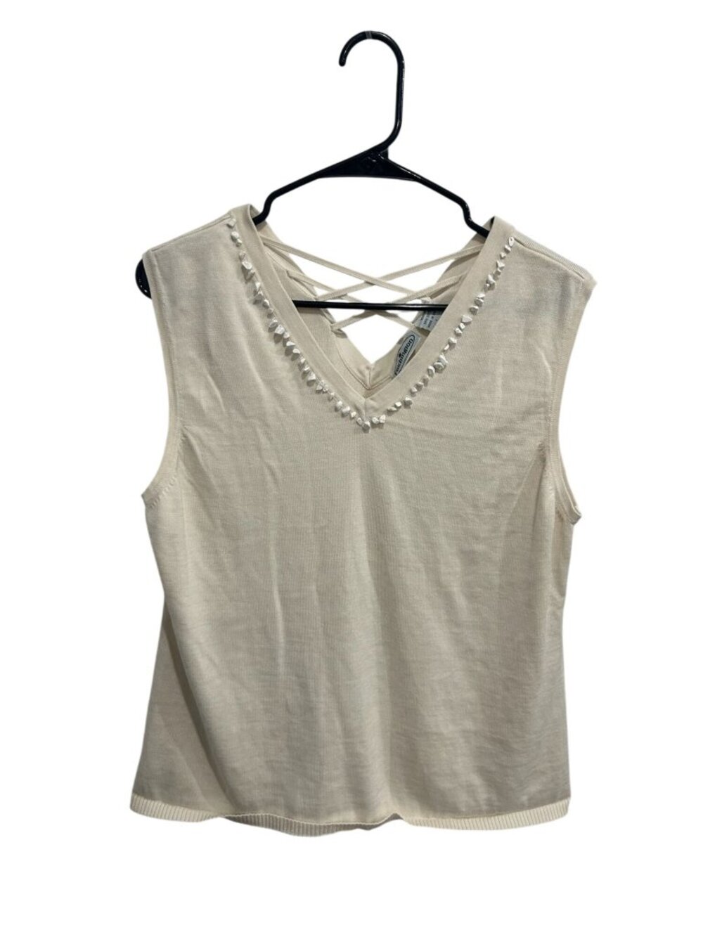 Patchington Large Beaded White Silk Blend Sleeveless Tank Top Crisscross Back